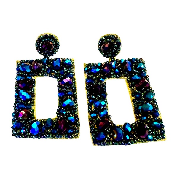 Iridescent Blue Rhinestone Dangle Earrings Large Rectangular Blue Drop Statement - Picture 1 of 4